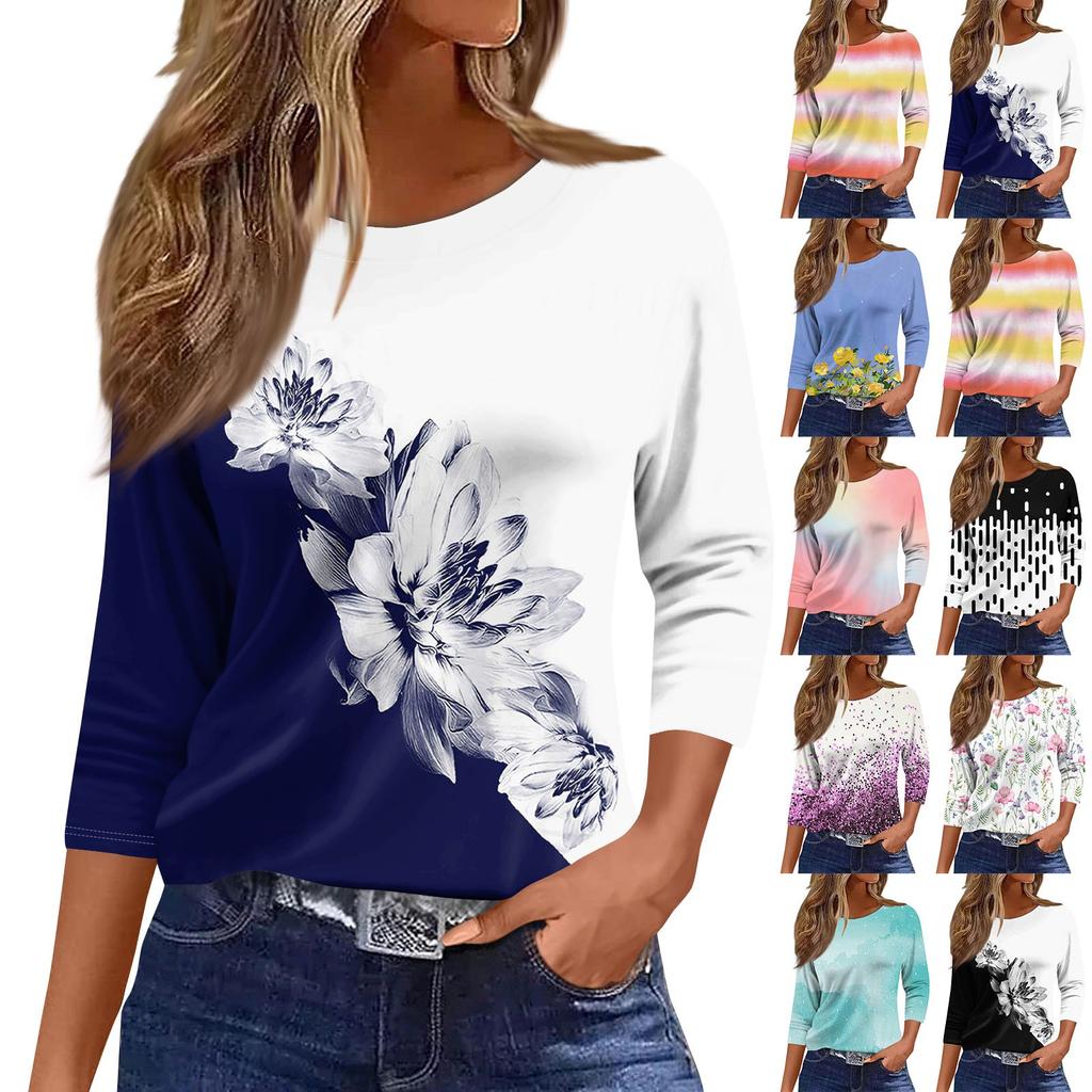 Women's Fashion Casual Round Neck 3/4 Sleeve Loose Printed T-Shirt Ladies Top