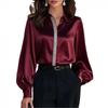 Womens Satin Blouse With Lantern Sleeves Long Sleeve Office Shirt Solid Color Elegant Workwear