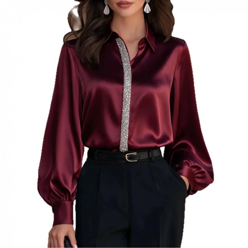 Womens Satin Blouse With Lantern Sleeves Long Sleeve Office Shirt Solid Color Elegant Workwear
