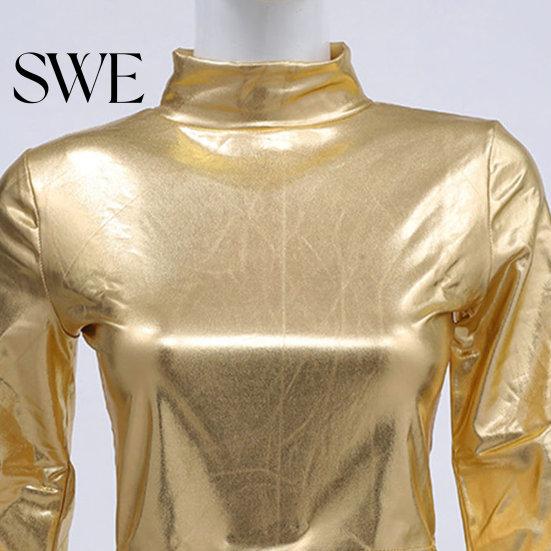 Stretchy Fabric Women Top Club Glossy Faux Leather Half-high Collar Solid Color Waist-exposed Long Slim Fit Sleeve Skinny Pullover Elastic Nightclub