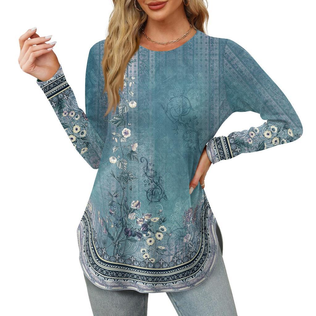 Женские рубашки с длинным рукавом и круглым вырезом, базовые свободные туники с боковым разрезом, повседневные рубашки с цветочным принтом