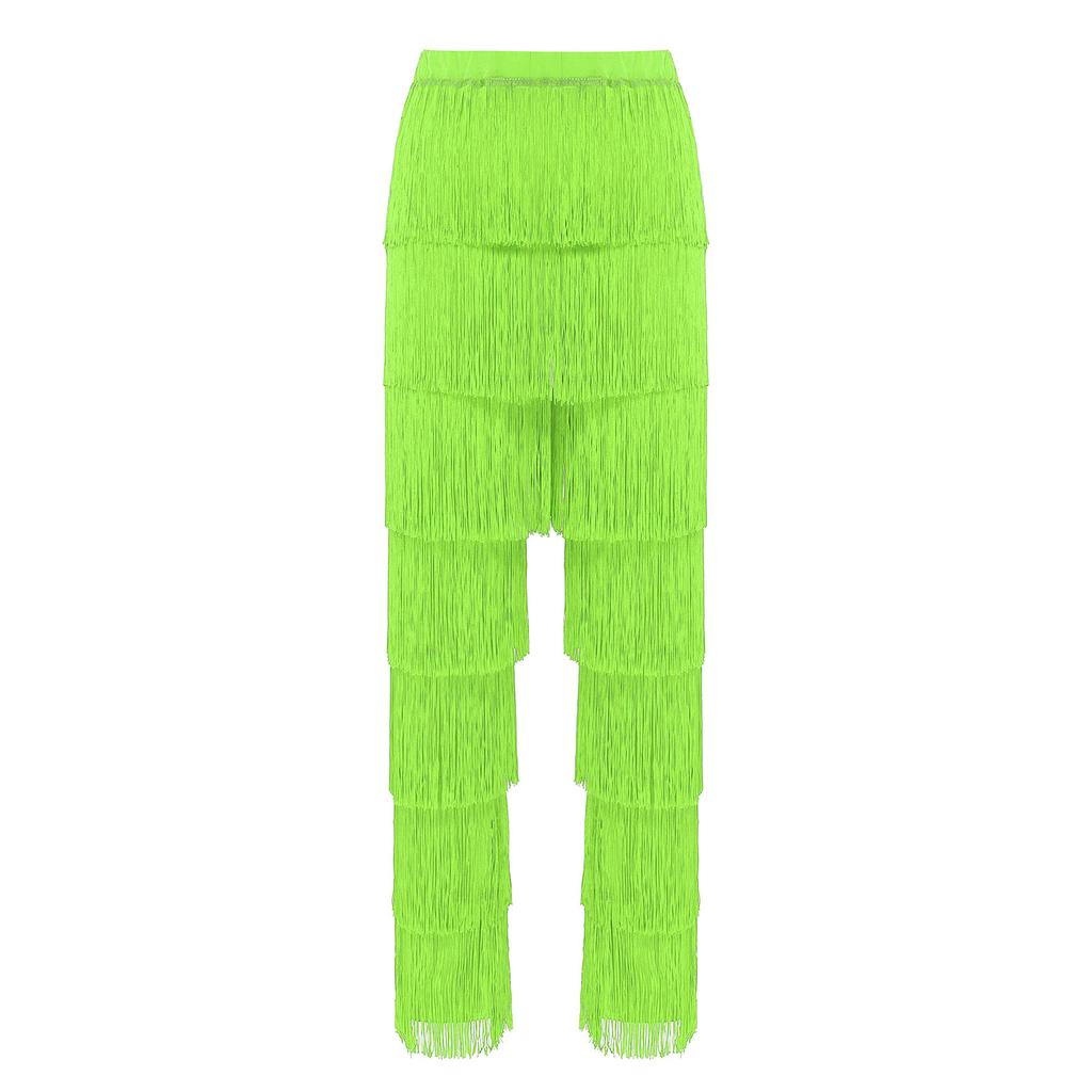 Womens Latin Dance Fringe Pants Elastic Waistband Contrast Color Tassel Trousers Cha Cha Tango Rumba
