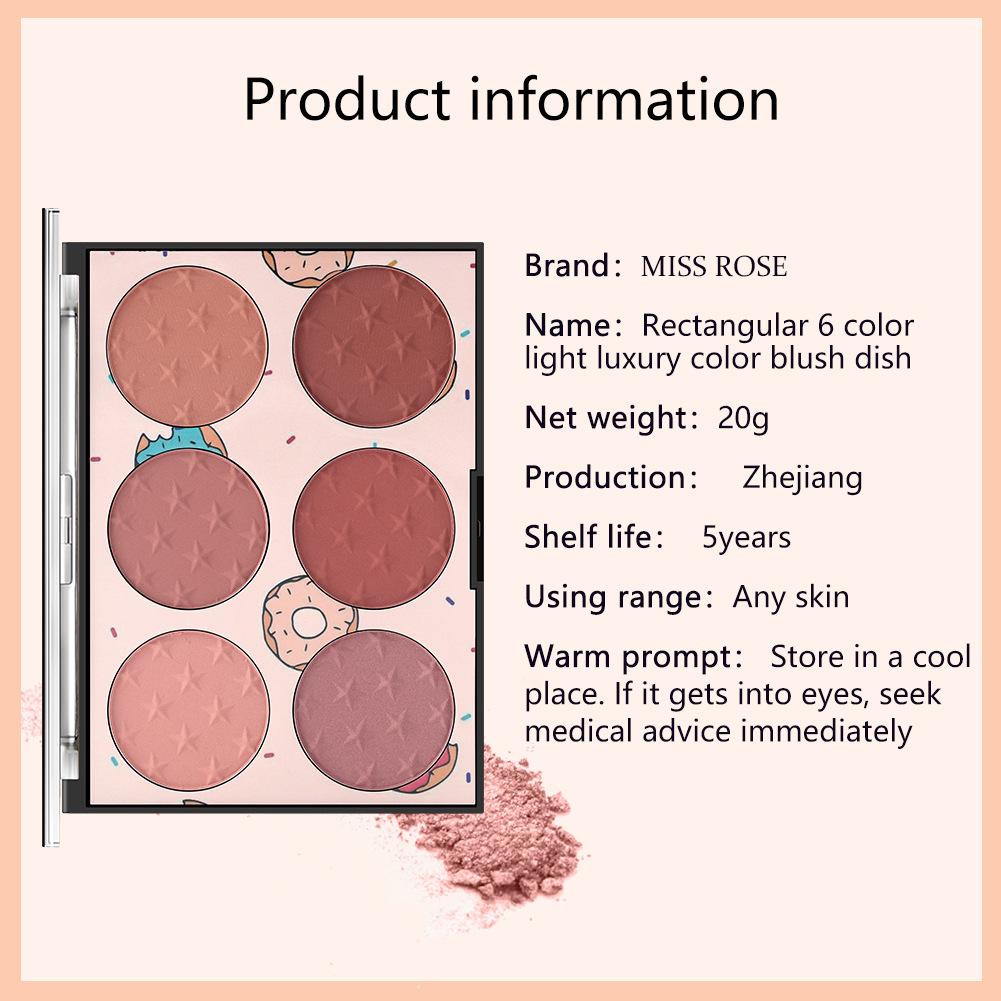 MISS ROSE 6-в-1 Изысканные прямоугольные 6 цветов для девочек, легкие роскошные цветные румяна, приятные для кожи, стильные портативные румяна для ремонта макияжа