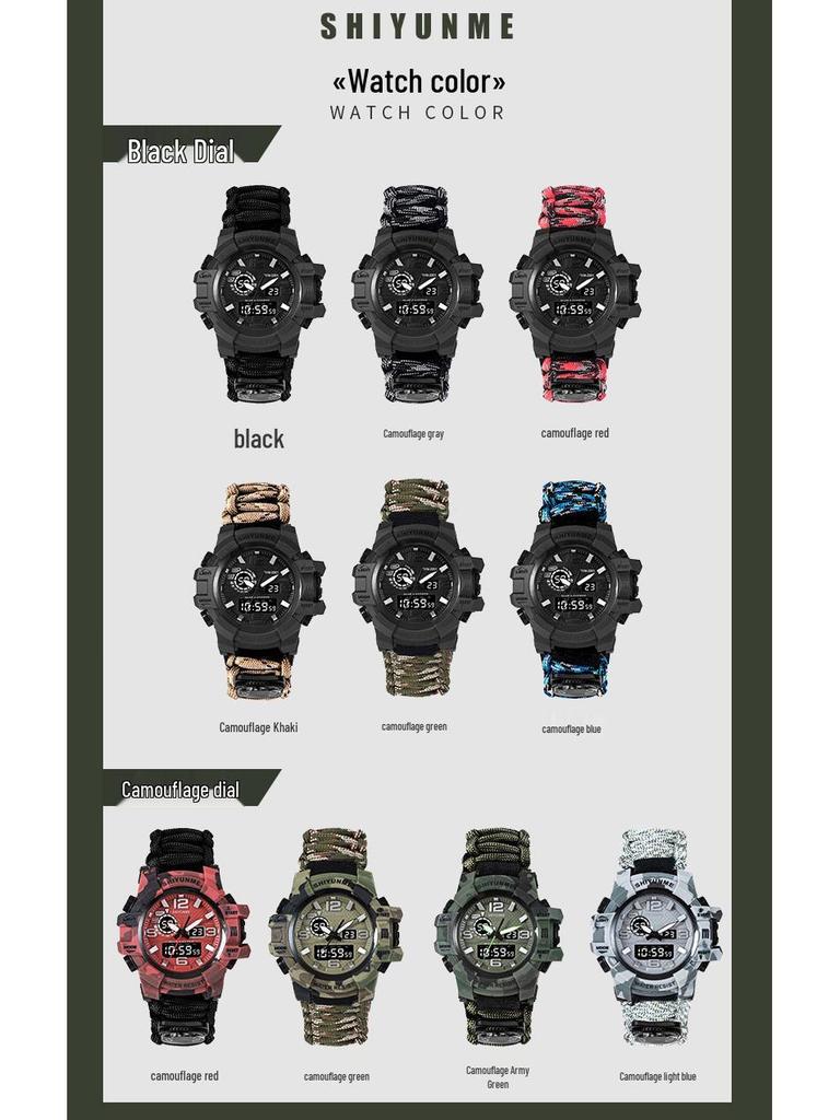 Мужские наручные часы для выживания на открытом воздухе с двойным дисплеем, спасательной веревкой, огнивом, свистком и компасом