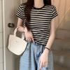 Right Shoulder French Sweet and Spicy Style Inner T-shirt Women's Summer Clothing 2024 New Contrast Striped Bottoming Short-sleeved Tops