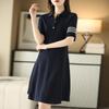 2025 Women's Summer Polo Collar Slimming Mid-Length Color Block Dress with Big Swing Cotton Skirt