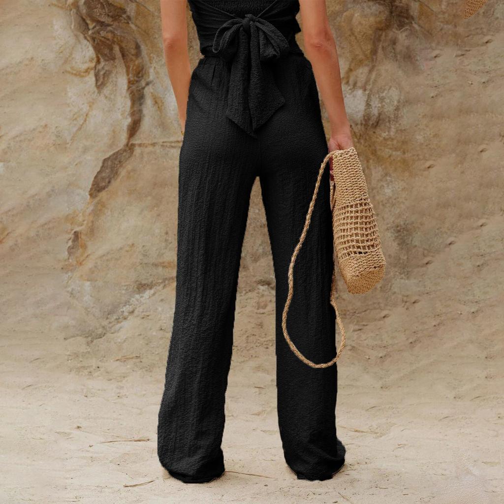 Женские модные однотонные повседневные брюки с высокой талией и эластичным поясом на карманах