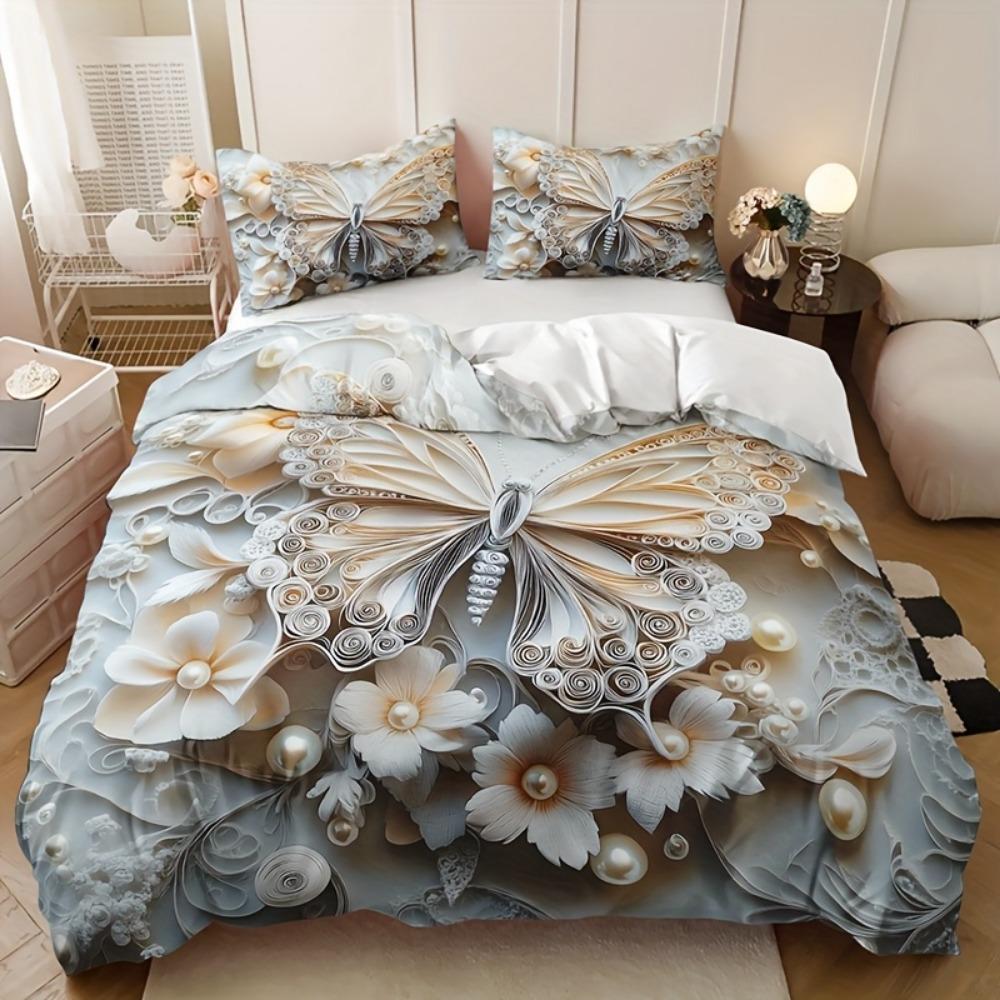 3pcs Champagne Bedding Set Butterfly Flower Printed Cozy Duvet Cover Set King Queen Twin Single Size Birthday Gift Bedroom Decor