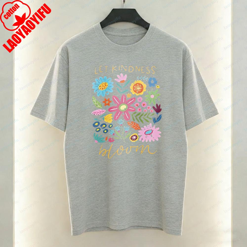 Let Kindness Bloom Art Aesthetic TShirt Colorful Wildflower Graphic Tops Fun Trendy Harajuku Casual Style Cotton Tee for Women