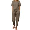 Women's Cotton-Linen Summer Set: Short Sleeve O-Neck Top with Wide Leg Pants - Oversized Vintage Loungewear