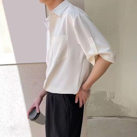 Мужская летняя рубашка, сплошной цвет, пуговицы, лацкан, половина рукава, однобортный, свободный, нагрудный карман, запонка, мягкий дышащий, быстросохнущий повседневный деловой топ