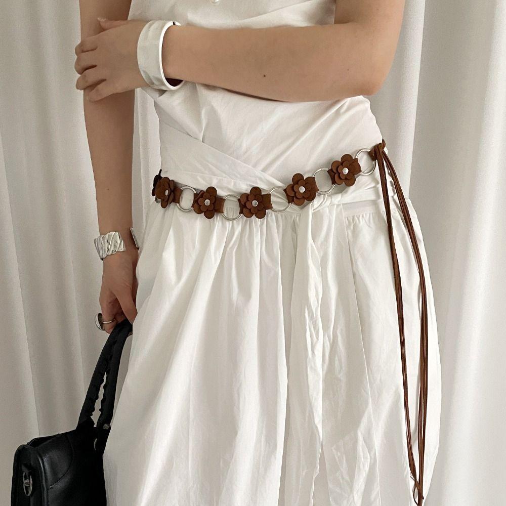 Double Small Flowers PU Leather Belt Adjustable Strap Waist Rope New Waistchain  Women Girls