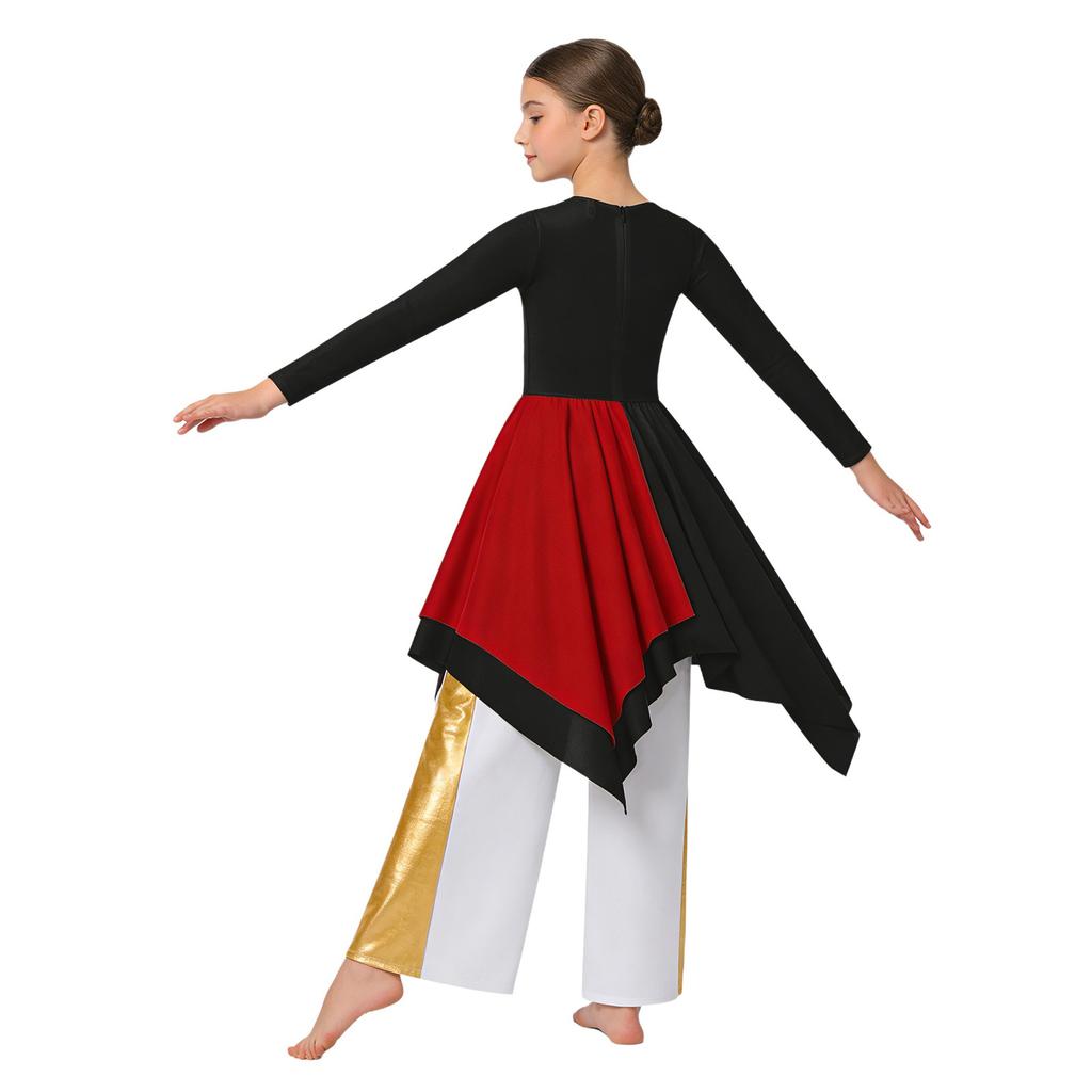 Girls Metallic Contrast Asymmetrical Hem Dress Wide Leg Pants Lyrical Praise Dance Costume Set
