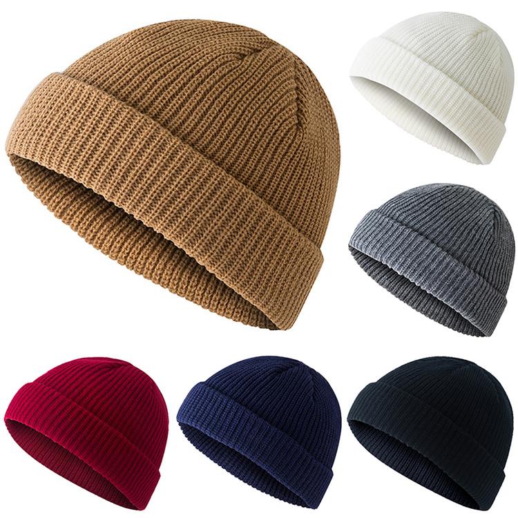 Mens Womens Solid Color Knitted Beanie Fisherman Cap Unisex Winter Warm Ribbed Turn Outdoor Activity Hats