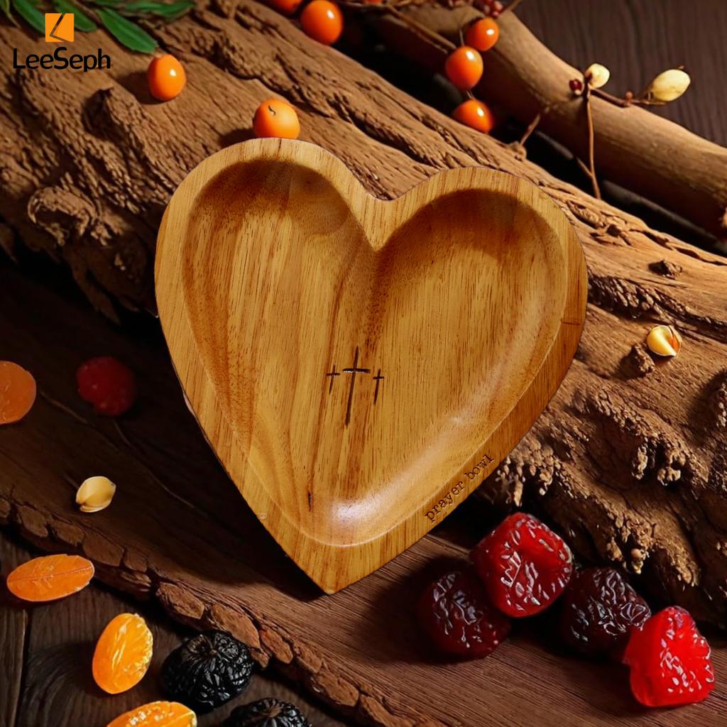 Leeseph Heart Prayer Bowl, Wooden Heart Shaped Prayer Bowl with 24 Cards, Heart Shaped Decor Prayer Dough Bowl for Thanksgiving