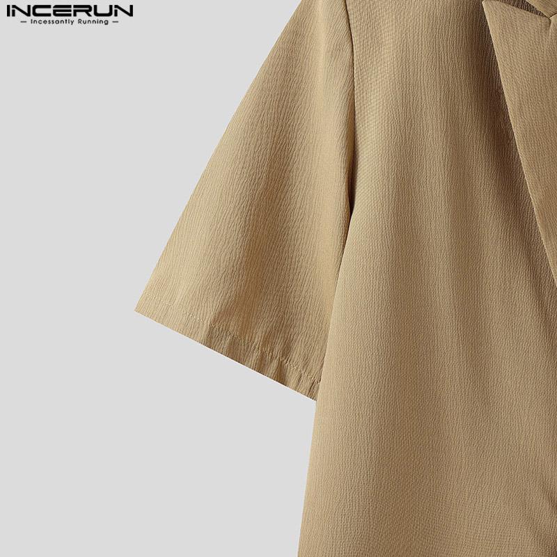 INCERUN Мужские летние рубашки свободного покроя с V-образным вырезом и коротким рукавом на одной пуговице