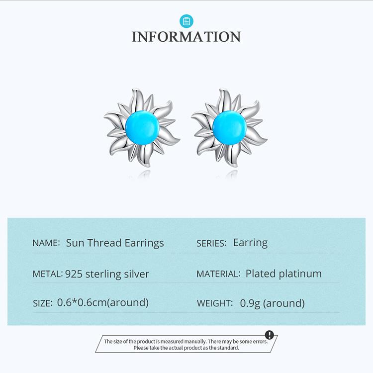 WOSTU 925 Sterling Silver Tiny Sun Stud Earrings for Women Trendy Fine Wedding Jewelry Blue Turquoise Piercing Earrings