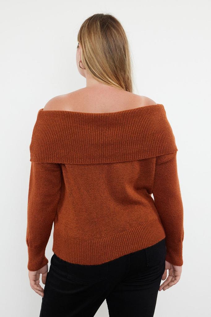 Women's Fashion Stylish Plus Size Sweater Brown Carmen Collar Knitwear Sweater