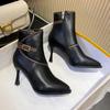 New Fashionable Spring And Autumn Women's Ankle Boots Pointed Side Zipper Pin Buckle High Heels Shoes Women's Short Boots