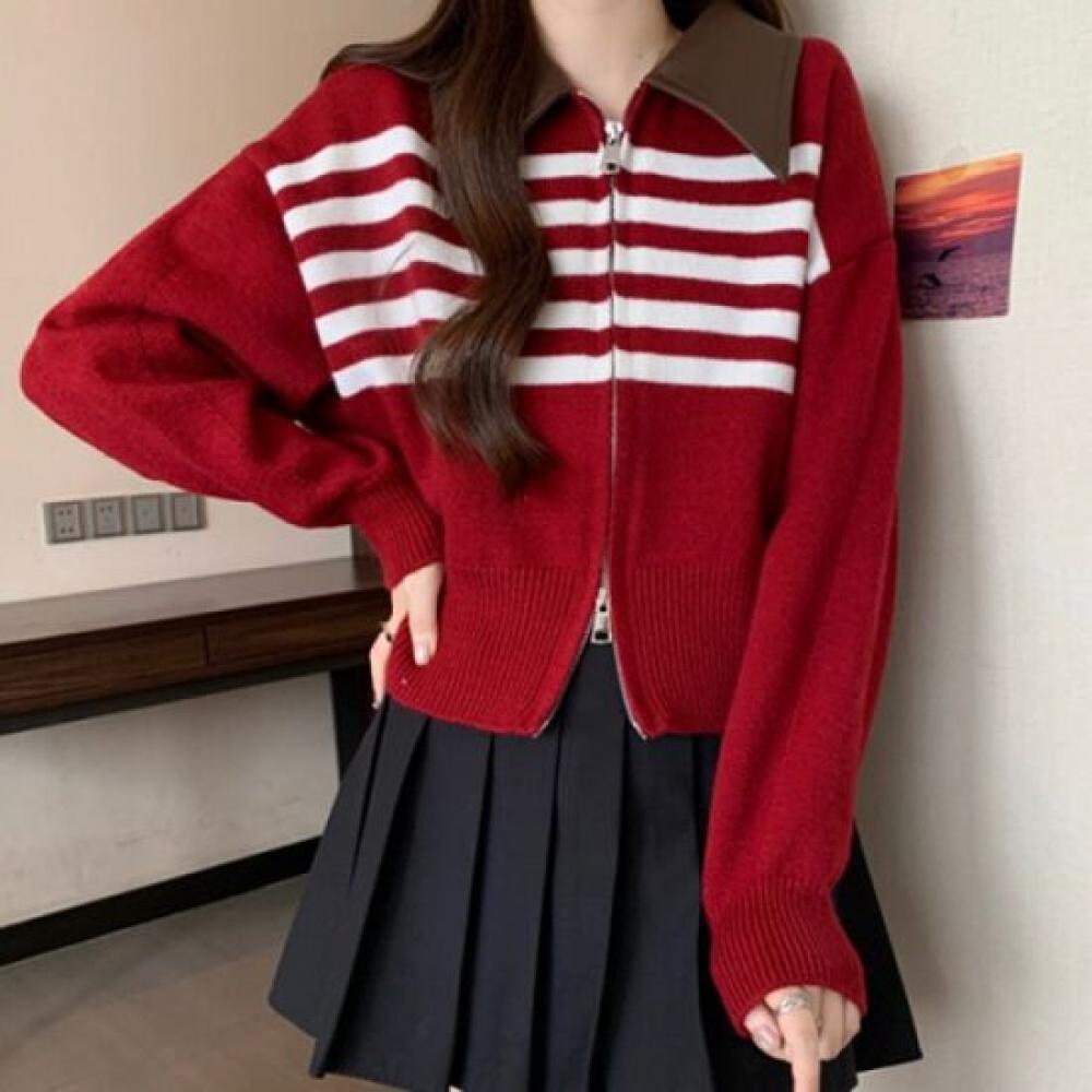 Navava Women Striped Zip Up Long Sleeve Knit Cardigan Nk2473