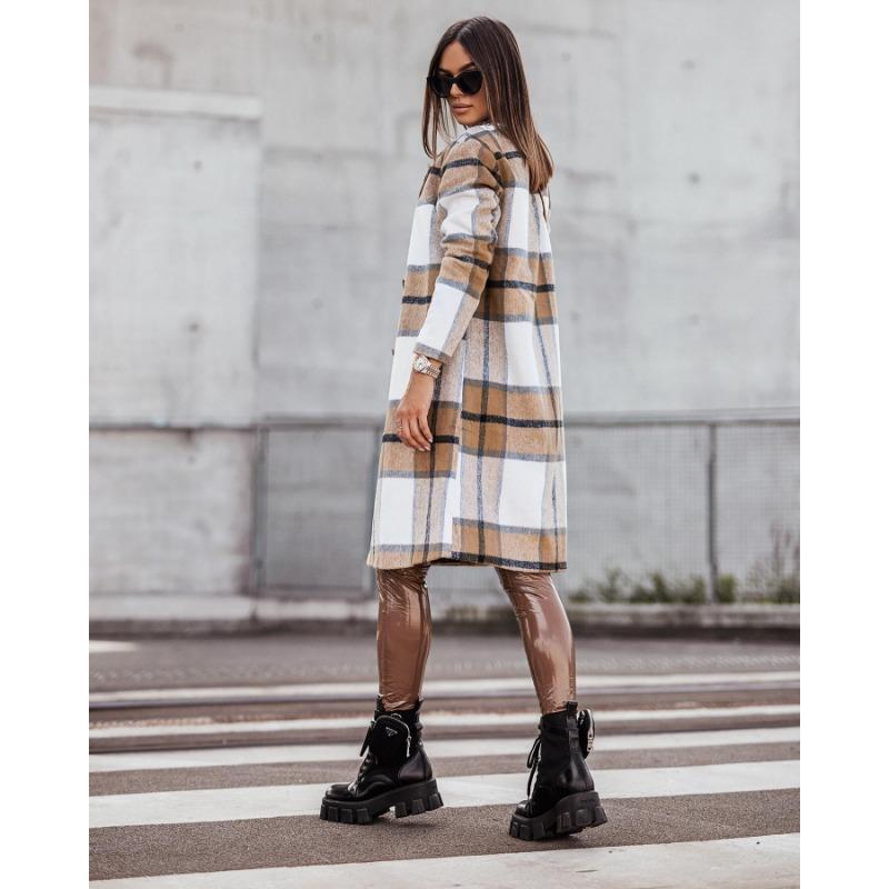 YYFS Women's Fashion Casual Plaid Print  Autumn Winter Long Sleeve POLO Neck Jackets & Coats