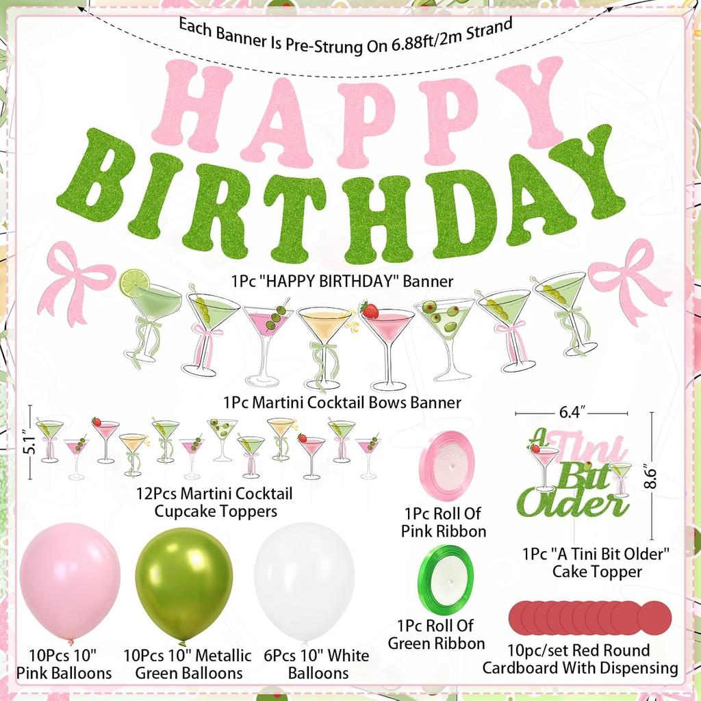 Martini Bow Birthday Party Decorations, Green Pink Glitter Happy Birthday Banner Garland Cake Topper Balloons for Girls Women Trendy Martini Bar