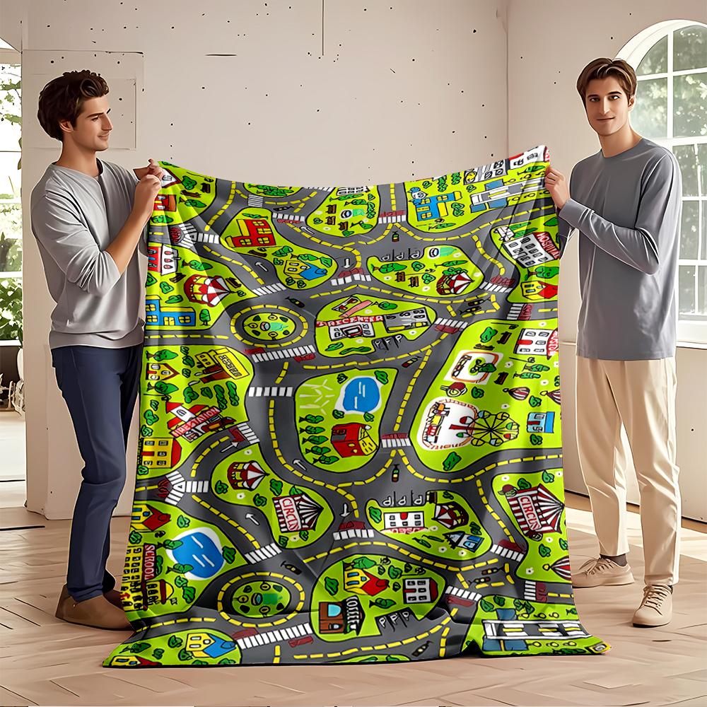 Colorful Cartoon City Map with Roads and Buildings, Flannel blanket for bedroom, living room, sofa, and nap sofas.