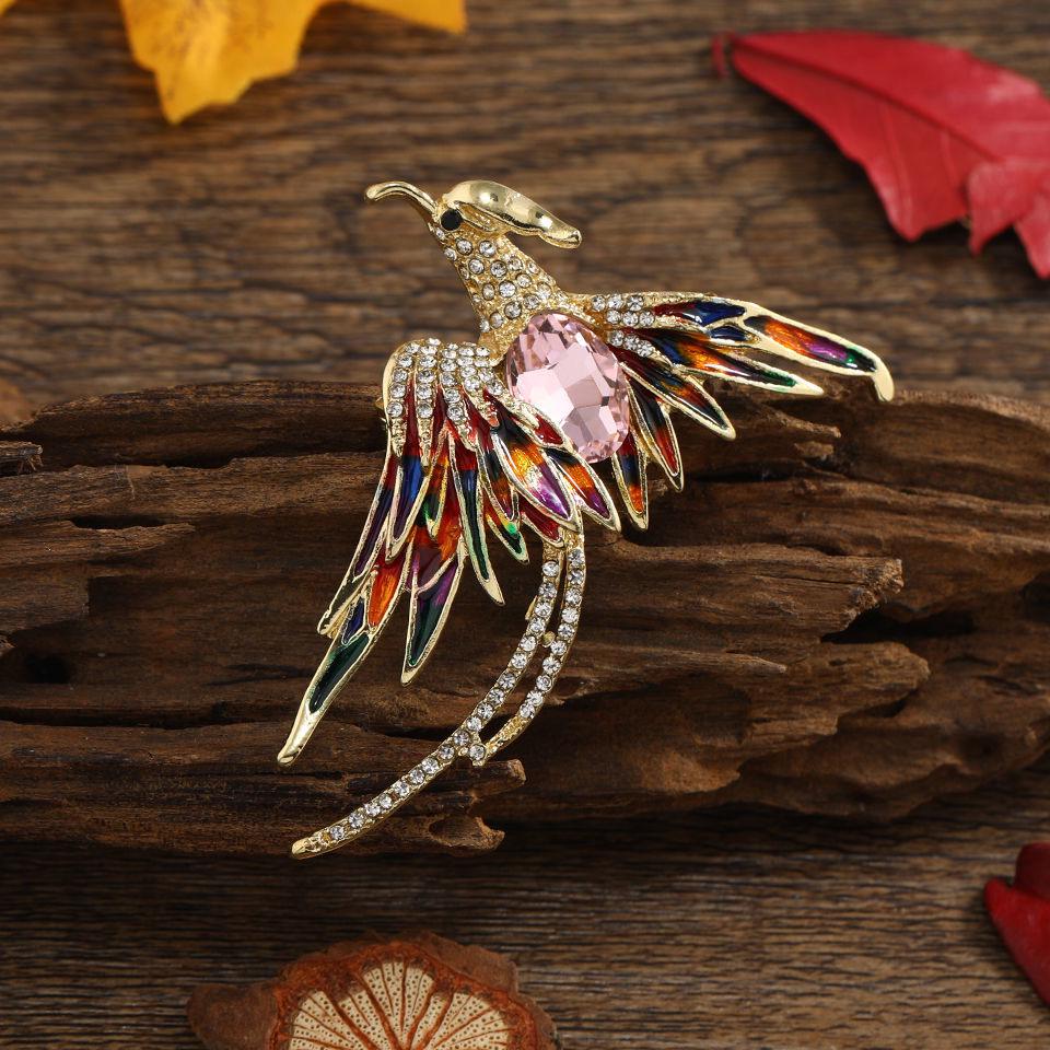 Elegant Phoenix Brooch with Rhinestones and Enamel - Colorful Long-tailed Pin Accessory