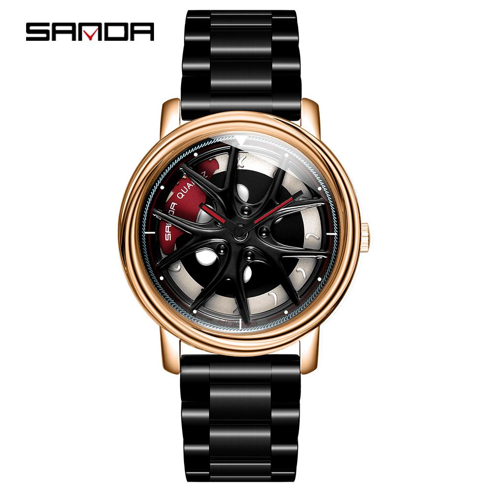 SANDA Top Men Quartz Watches Sports Car Watch Waterproof Sport 360℃ Rotating Rim Hub Wheel Wristwatch Car Quartz Men's Watches