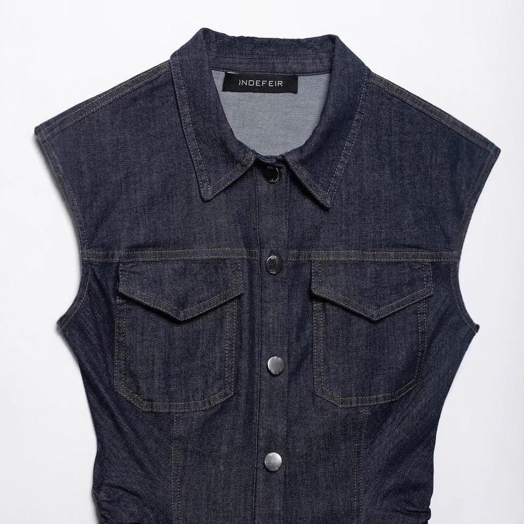 Spring 2025 Women's European & American Slim Fit Pleated Denim Mini Dress