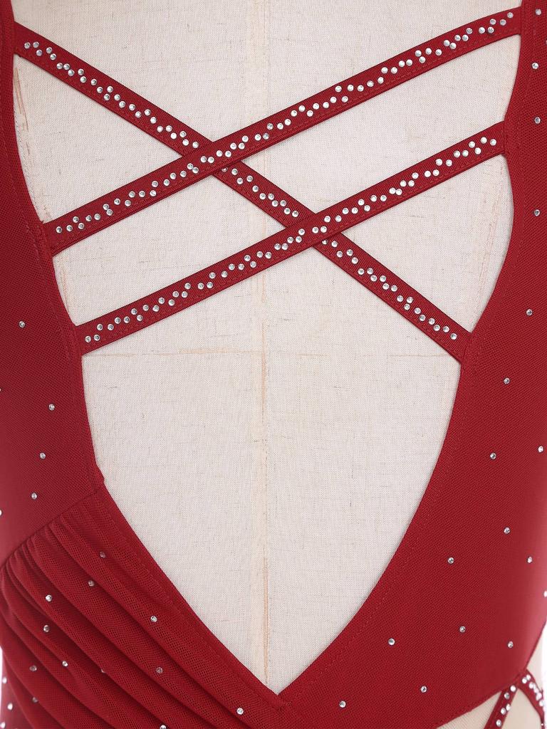 Women Dance Dress with Rhinestones Adorned Straps - Backless Side Slit Flowy Asymmetrical Hem Built-in Crotch Press Buttons for Stage Performance