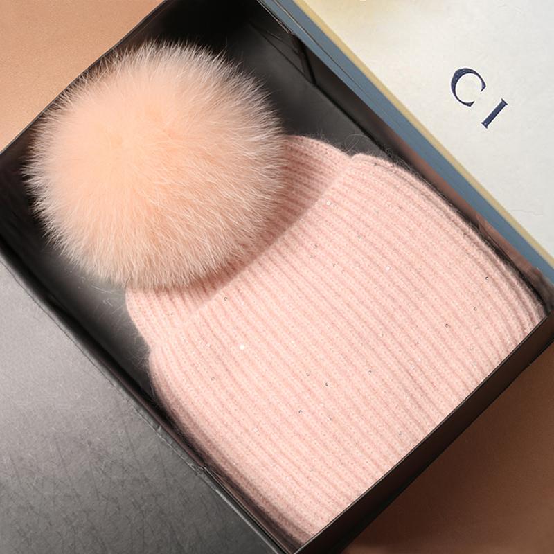 Женские белые розовые шапки с помпонами из натурального меха лисы для женщин, зимние теплые шапки-бини из ангольской шерсти, милые шапки-бини из шерсти для лыж