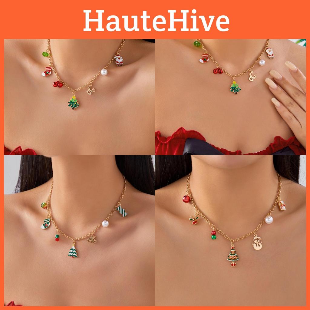 Santa Claus Charm Necklace With Pearl Chain And Festive Elements For Seasonal Gift