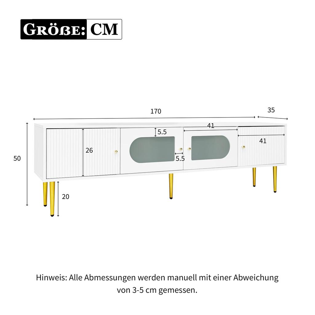TV Schrank Lowboard 170 cm, 4 Modernes TV Board TV-ständer Mattglastür, Eleganter Fernsehtisch HiFi-Schrank Wohnzimmer Mediamöbel Weiß