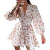 Women 's Floral Print Mini Dress Summer Long Sleeve Deep V Neck High Waist A-Line Dress