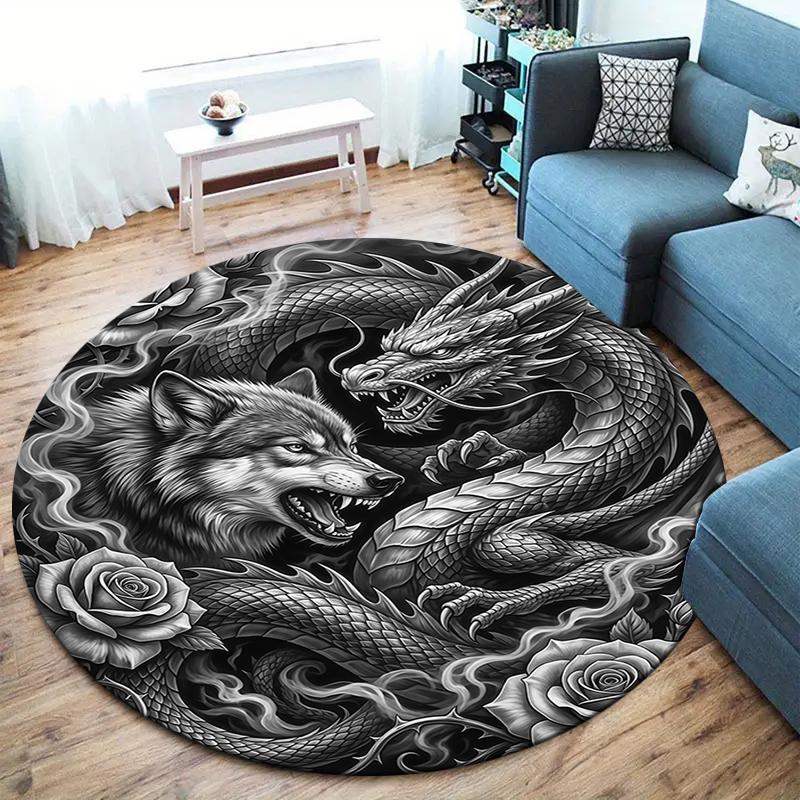 Sketch Armor Dragon Wolf Truck Round Area Rug,Carpet Rug for Living Room Bedroom Sofa Playroom Decor,Non-slip Floor Mat