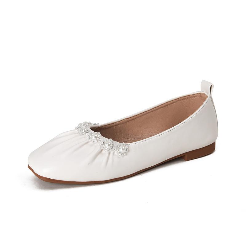 Gentle Pearl Grandmother Shoes Shallow Mouth Square Head Soft Flat Bottom Temperament Single Shoe Female Summer