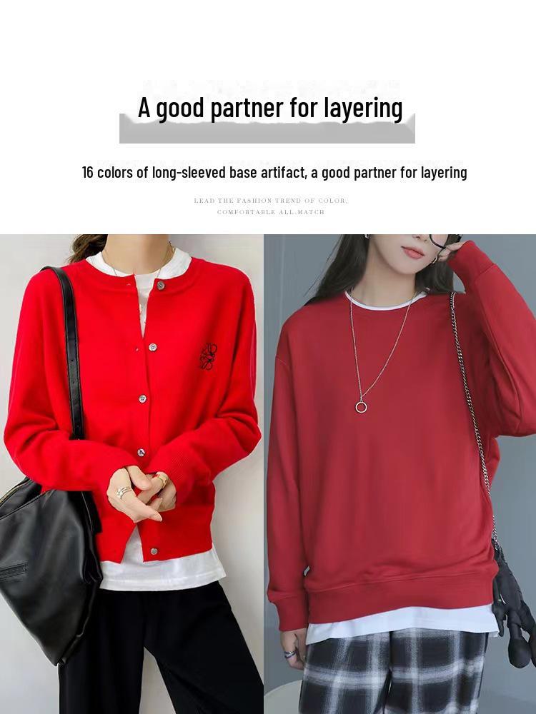 Женская футболка из чистого хлопка с круглым вырезом и длинными рукавами: Свободный многослойный топ на осень/зиму