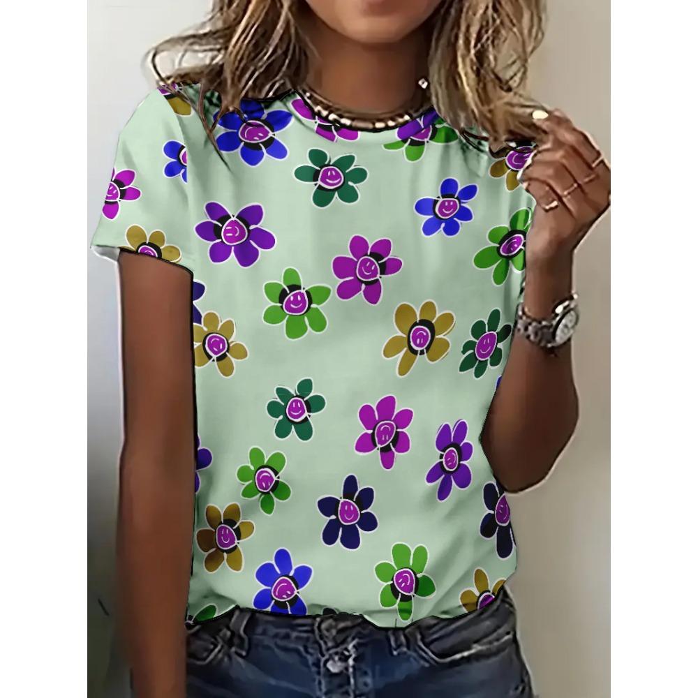 Богемный стиль Красочные цветы Женские футболки Новые летние пляжные повседневные топы для вечеринок Футболки для девочек Милая футболка с коротким рукавом для леди