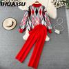 Fashion Set Women's Autumn Winter Long-sleeved Loose Checked Sweater Two-piece Set High-waisted Slimming Knitted Straight-leg Wide-leg Pants