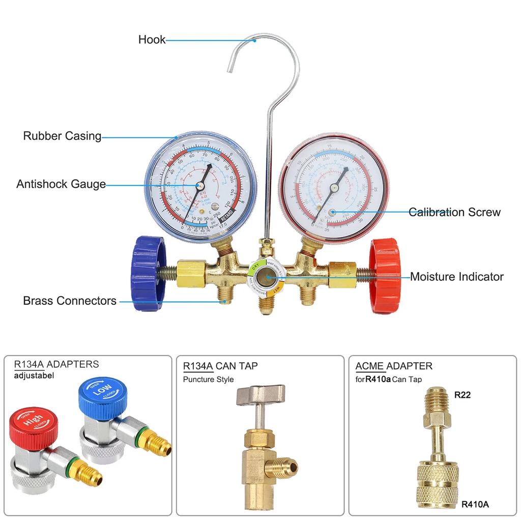 3-way AC Manifold Meter, HVAC Refrigerant Diagnosis and Charging Tool, Support R12, R22, R404A,R134A, Adjustable Quick Connector