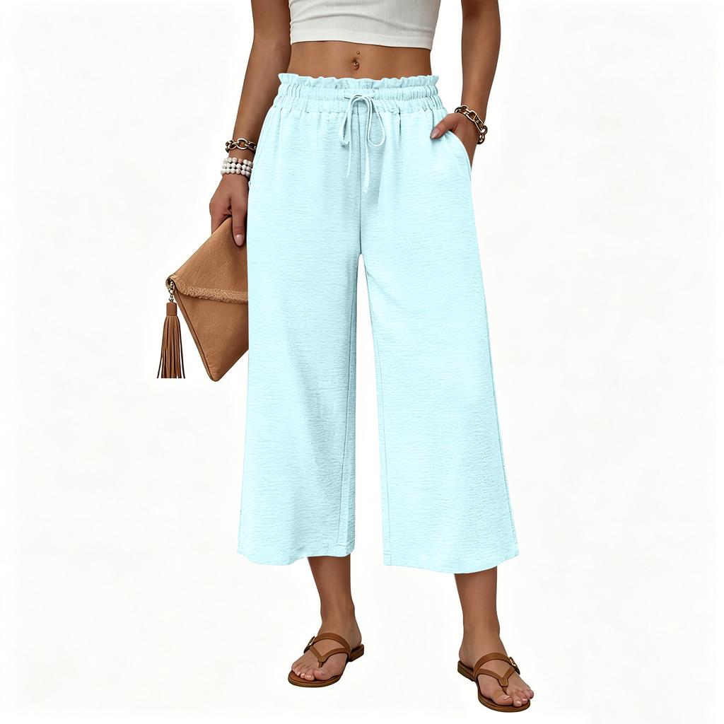 Women's Casual Loose-Fit High-Waisted Cotton-Linen Cropped Pants With Side Pockets