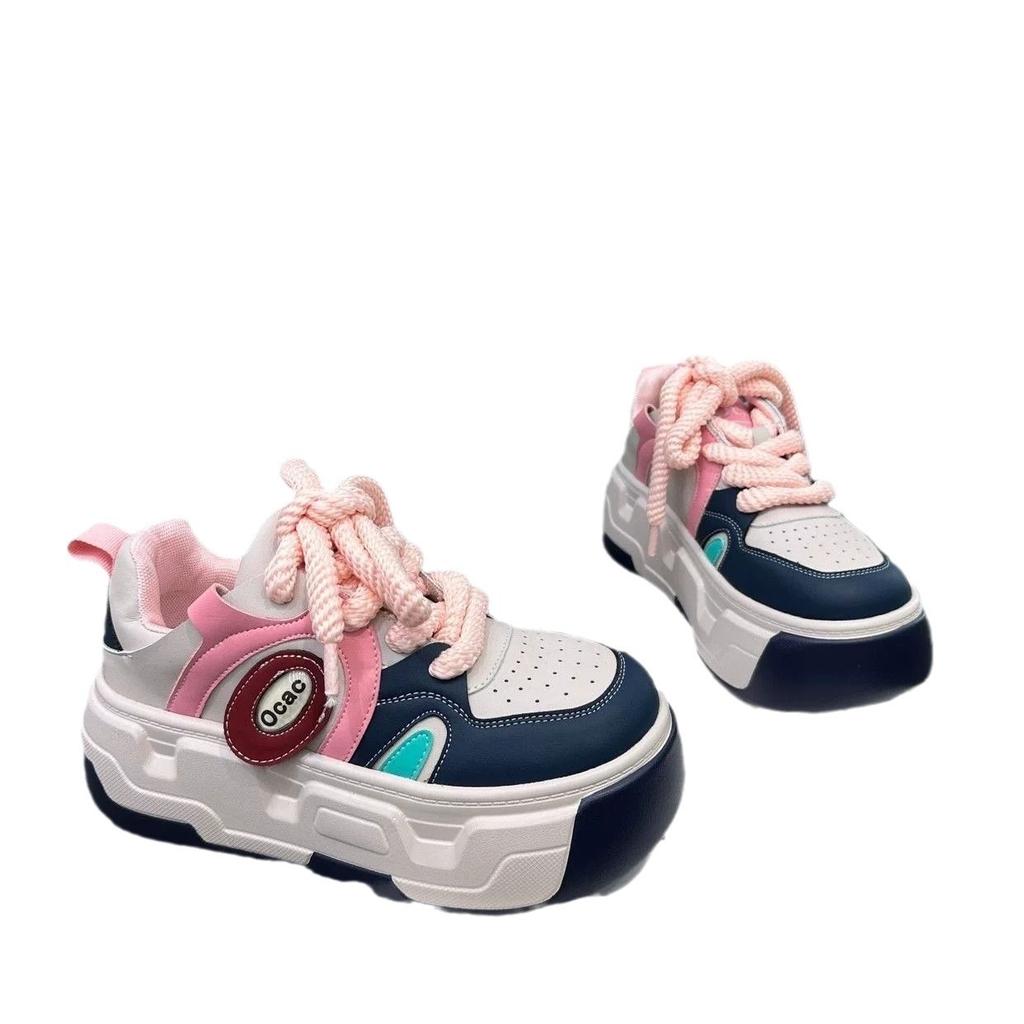 Korean Version of Super Fire Soft Leather Muffin Sole Fashionable Thick-soled Muffin Panda Shoes Little White Shoes Color Matching Ugly Cute Bread Sho