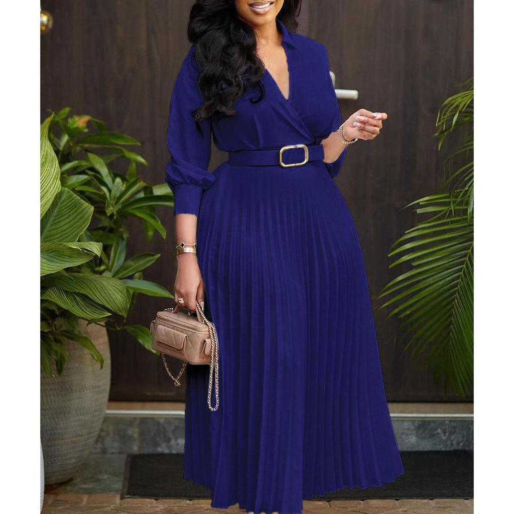 Qooth Модное женское элегантное однотонное плиссированное платье с длинными рукавами и v-образным вырезом. Элегантное повседневное платье больших размеров с поясом QT2359.