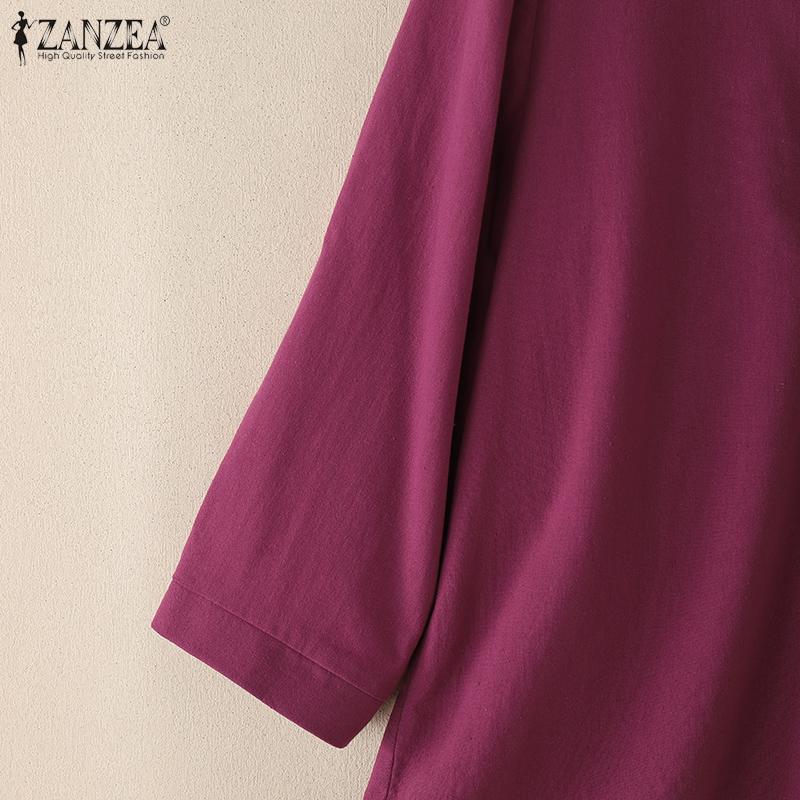 ZANZEA Women Casual V-Neck Solid Color Loose 3/4 Sleeve Cotton Blouse