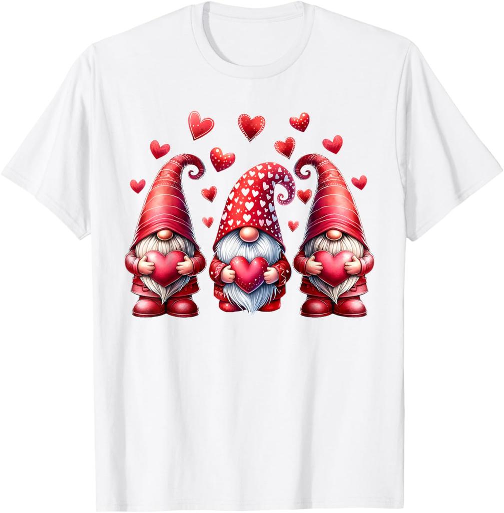 Pink Valentine Gnomes with Hearts Graphic Print Cotton T-Shirt Casual Daily Tee for Women Men