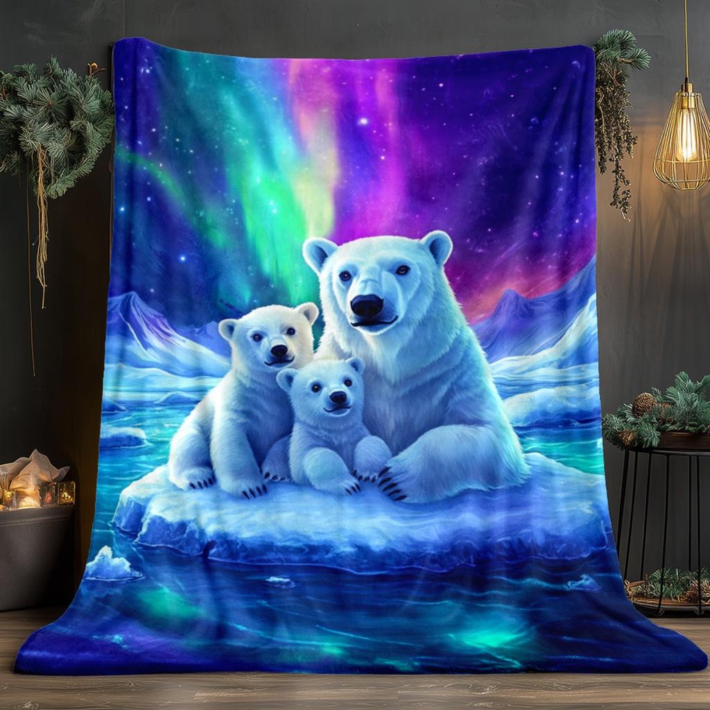 Polar Bear in the Northern Lights Pattern Flannel Blanket - Bed, Sofa, Office, Travel, Gift, Decoration, Chair, Comfortable