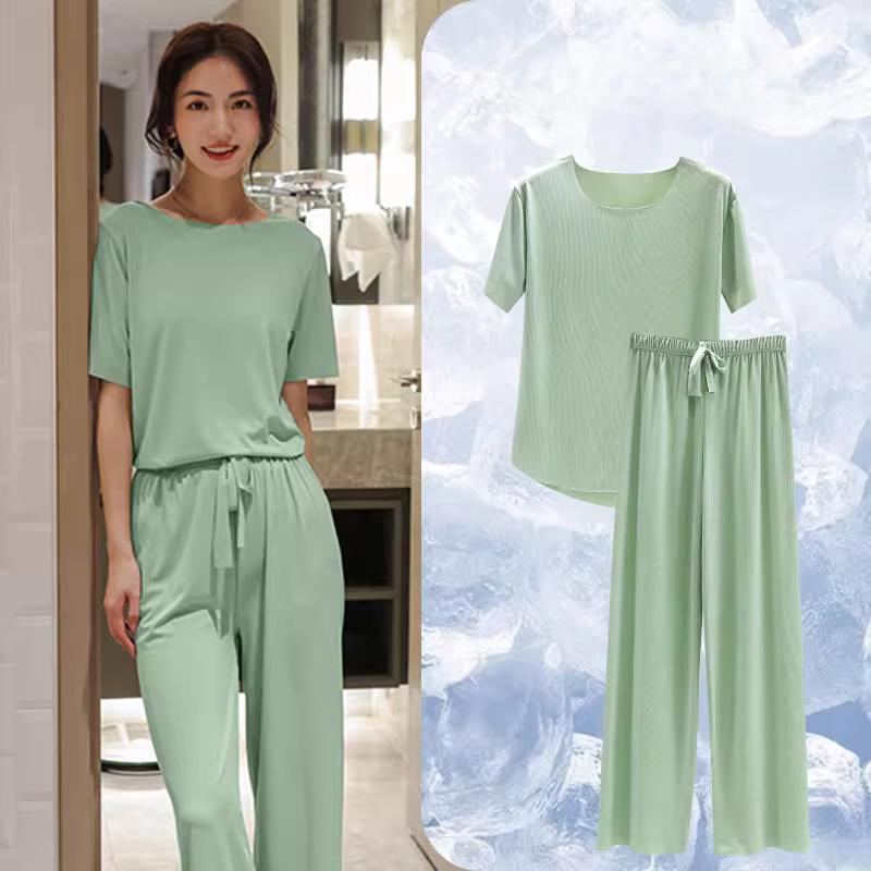 2025 Весна и лето Пижама из ледяного шелка, два предмета, короткие рукава, длинные брюки, цветной, большой размер, дышащий, одежда для отдыха, домашний костюм