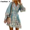 Новые женские свободные богемные платья с длинным рукавом и v-образным вырезом