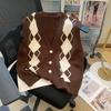 Женский вязаный кардиган-жилет аргайл с V-образным вырезом большого размера: Ранняя осень, свободный крой, на пуговицах, приталенный дизайн